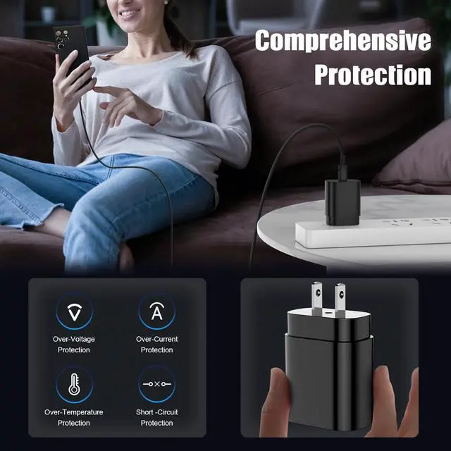 Alt view image 4 of 6 - 2Pack 25W USB C Charger for Samsung Galaxy S24 Ultra, Super Quite Fast Charging Type C Block with 6FT C to C Cord for Samsung Galaxy Tab S9 S8 S23 Ultra S22 Ultra S23 S22+ S22 S21 Note 10 Plus 20