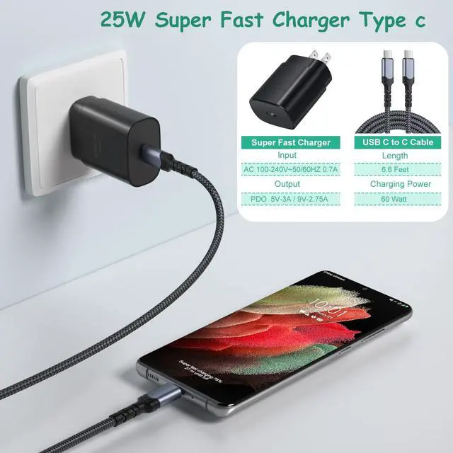 Alt view image 4 of 7 - USB C Wall Charger,Costyle 25W Super Fast Charger Type C Charging Block+6.6FT USB C to C Cable for Samsung Galaxy S24/S25 Ultra/S23 FE/S22/S21 Plus/S20 FE/S10e/Note 20/10/Z Fold3/Flip3/A53/A13(Black)
