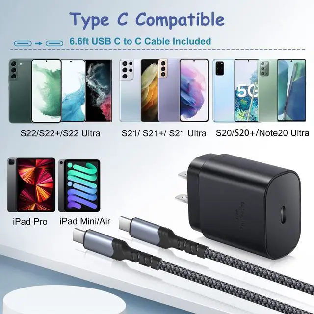 Alt view image 6 of 7 - USB C Wall Charger,Costyle 25W Super Fast Charger Type C Charging Block+6.6FT USB C to C Cable for Samsung Galaxy S24/S25 Ultra/S23 FE/S22/S21 Plus/S20 FE/S10e/Note 20/10/Z Fold3/Flip3/A53/A13(Black)