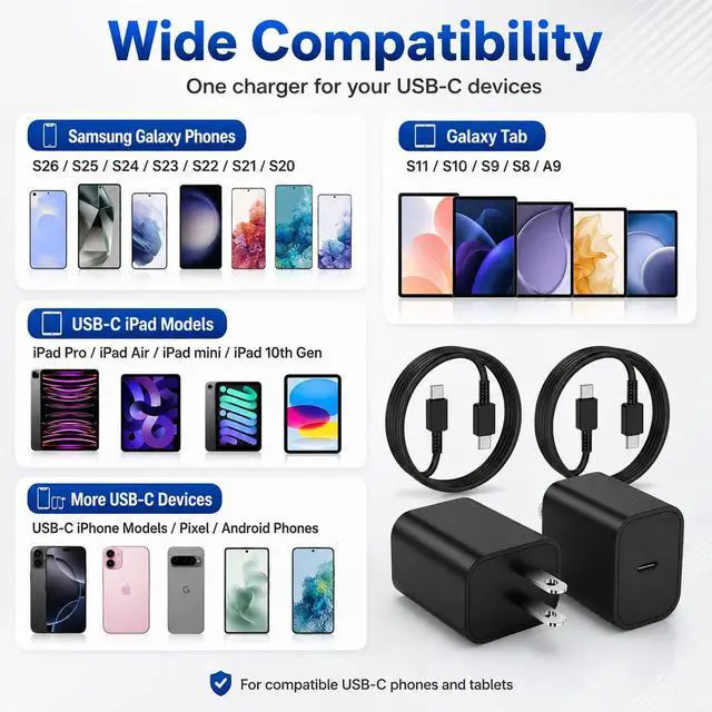 Alt view image 2 of 7 - USB-C Charger for Samsung Charger Super Fast Charging, Type C Charging Block &6FT USBC Android Phone Cable Cord 2Pack for Galaxy S26/S25 S24 S23 S22 S21 S20 S10 Ultra/Plus,Galaxy Tab S11 S10 S9 S8