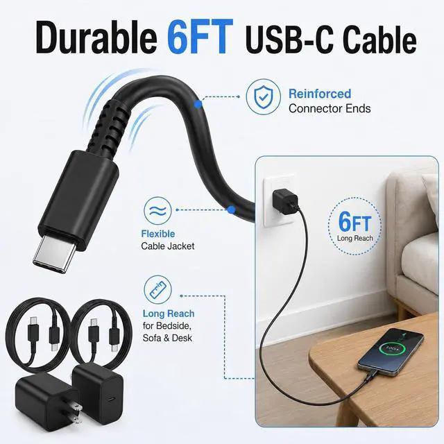 Alt view image 5 of 7 - USB-C Charger for Samsung Charger Super Fast Charging, Type C Charging Block &6FT USBC Android Phone Cable Cord 2Pack for Galaxy S26/S25 S24 S23 S22 S21 S20 S10 Ultra/Plus,Galaxy Tab S11 S10 S9 S8