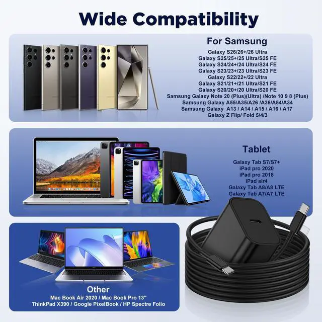 Alt view image 6 of 7 - Super Fast Charger Type C for Samsung Galaxy S26 Ultra,USB C Charger Block 2Pack with 6TF+10FT Fast Charging Cable for Samsung Galaxy S26 S25 Ultra S24 S23 S22 S21 S20+/Note 20/10//iPhone 17 16 15