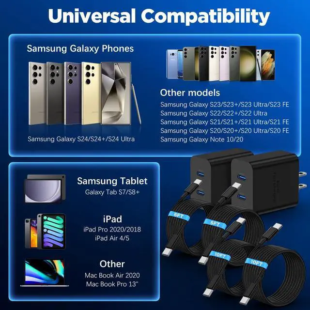 Alt view image 7 of 7 - Dual Port 45W Super Fast Charger and 6ft 10ft USB C to C Cable Long,Type C Block Plug/Android Phone Charging Cord for Samsung Galaxy S26/S25/S24 Ultra/S23+/S22 Plus/S21/S20/Note 20/iPhone 17 16 15 Pro