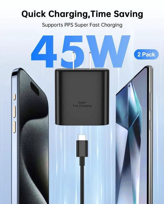Alt view image 2 of 7 - 45W USB C Fast Charger Compatible with Samsung Galaxy S25 Ultra 2Pack Fast Charging with 6FT USB C Cable for S25/S24/S23/S22,Z Fold 5 6/Z Flip 5 6 Tab S10/S9/S8 PPS Wall Charger