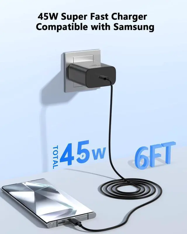 Alt view image 3 of 7 - 45W USB C Fast Charger Compatible with Samsung Galaxy S25 Ultra 2Pack Fast Charging with 6FT USB C Cable for S25/S24/S23/S22,Z Fold 5 6/Z Flip 5 6 Tab S10/S9/S8 PPS Wall Charger