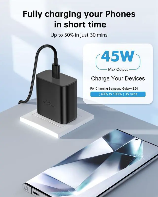 Alt view image 4 of 7 - 45W USB C Fast Charger Compatible with Samsung Galaxy S25 Ultra 2Pack Fast Charging with 6FT USB C Cable for S25/S24/S23/S22,Z Fold 5 6/Z Flip 5 6 Tab S10/S9/S8 PPS Wall Charger