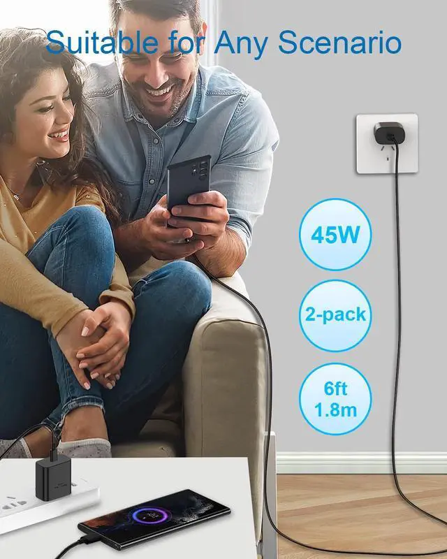 Alt view image 6 of 7 - 45W USB C Fast Charger Compatible with Samsung Galaxy S25 Ultra 2Pack Fast Charging with 6FT USB C Cable for S25/S24/S23/S22,Z Fold 5 6/Z Flip 5 6 Tab S10/S9/S8 PPS Wall Charger