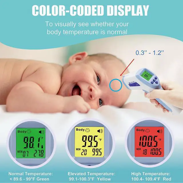 Alt view image 5 of 7 - Digital Forehead Thermometer for Kids, Adults, and Babies - Touchless, Non-Contact Fever Thermometer with Temporal Head Function and Smart Color LCD Display