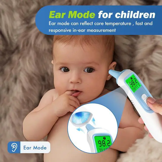 Alt view image 2 of 7 - Ear Thermometer for Baby, Infrared LCD Thermometer with Automatic Switching Mode of Ear & Forehead, 1s Measurement, 4 Color Backlight Display with Fever Indicator