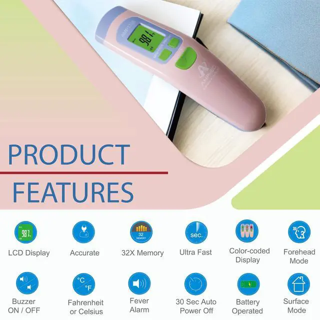 Alt view image 3 of 7 - Non-Contact Forehead Thermometer for Adults, Kids & Infants | Ampmed No-Touch Medical Grade Temporal Fever Thermometer with Case, Nurse Accessories for Work, Pink Termometro Digital