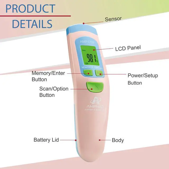 Alt view image 4 of 7 - Non-Contact Forehead Thermometer for Adults, Kids & Infants | Ampmed No-Touch Medical Grade Temporal Fever Thermometer with Case, Nurse Accessories for Work, Pink Termometro Digital