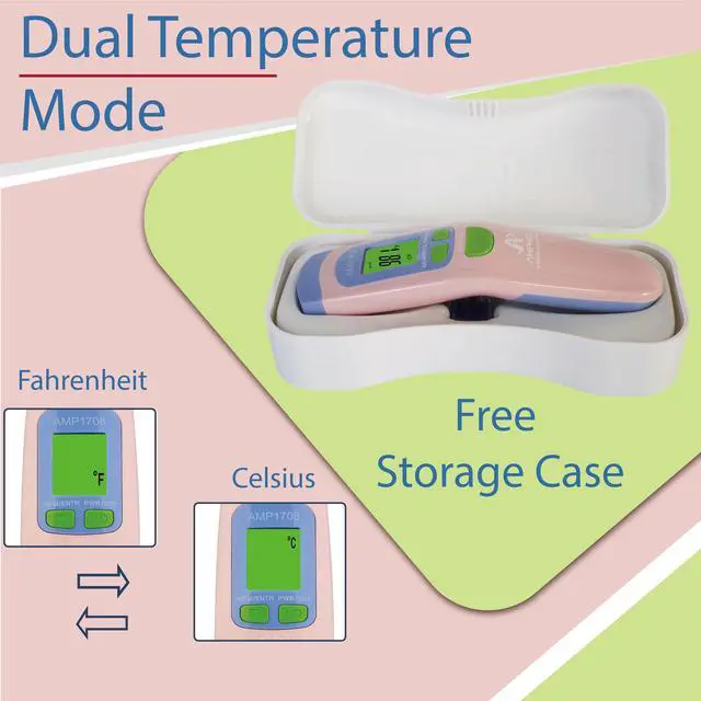 Alt view image 7 of 7 - Non-Contact Forehead Thermometer for Adults, Kids & Infants | Ampmed No-Touch Medical Grade Temporal Fever Thermometer with Case, Nurse Accessories for Work, Pink Termometro Digital