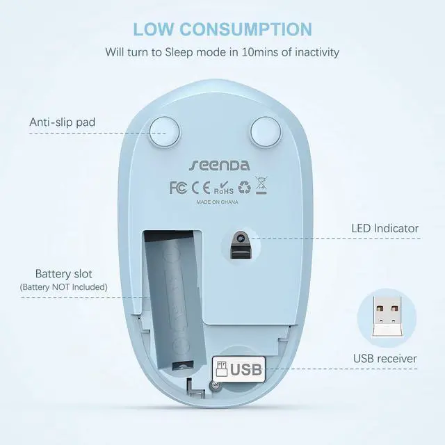 Alt view image 3 of 7 - Wireless Mouse, 2.4G Noiseless Mouse with USB Receiver - Portable Computer Mice for PC, Tablet, Laptop with Windows System (Light Blue)
