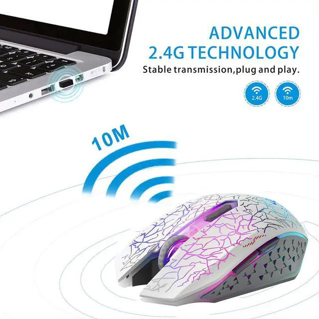 Alt view image 4 of 6 - M2 Wireless Gaming Mouse, Silent Rechargeable Optical USB Computer Mice Wireless with 7 Color LED Light, Ergonomic Design, 3 Adjustable DPI for Laptop/PC/Notebook, 6 Buttons (White)