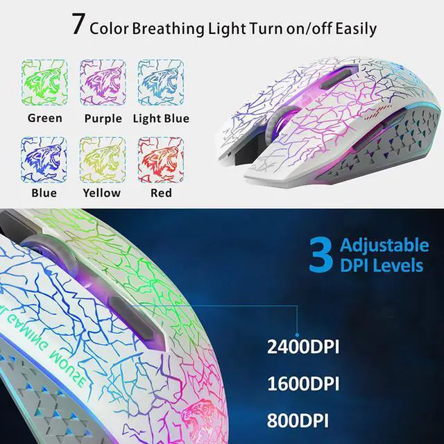Alt view image 3 of 6 - M2 Wireless Gaming Mouse, Silent Rechargeable Optical USB Computer Mice Wireless with 7 Color LED Light, Ergonomic Design, 3 Adjustable DPI for Laptop/PC/Notebook, 6 Buttons (White)