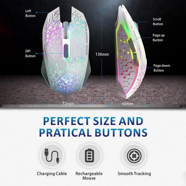 Alt view image 6 of 6 - M2 Wireless Gaming Mouse, Silent Rechargeable Optical USB Computer Mice Wireless with 7 Color LED Light, Ergonomic Design, 3 Adjustable DPI for Laptop/PC/Notebook, 6 Buttons (White)