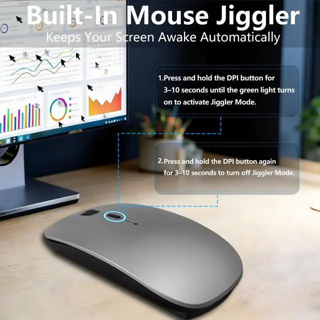 Alt view image 3 of 7 - Wireless Mouse for MacBook & iPad, Bluetooth 5.2/3.0 & 2.4G USB-C/USB-A, Rechargeable Silent Slim Mouse with Multi-Device Switching & Activity Mode to Prevent Screen Lock - Gray