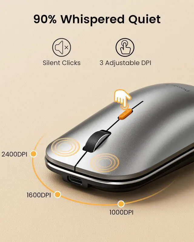 Alt view image 6 of 7 - Bluetooth Wireless Mouse, EM18 Portable Mouse for Laptop/PC/MacBook/iPad, Quiet Clicks, Multi-Device Bluetooth & 2.4GHz Connection, Rechargeable Battery- Space Gray