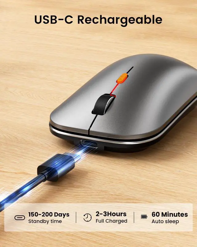 Alt view image 7 of 7 - Bluetooth Wireless Mouse, EM18 Portable Mouse for Laptop/PC/MacBook/iPad, Quiet Clicks, Multi-Device Bluetooth & 2.4GHz Connection, Rechargeable Battery- Space Gray