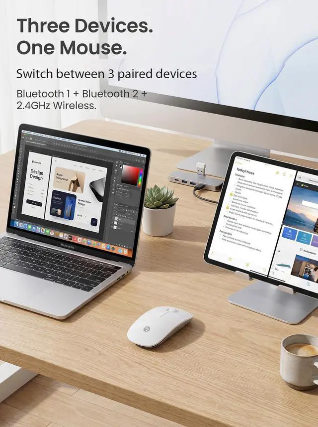 Alt view image 2 of 7 - R306 Pro Wireless Mouse, Dual Bluetooth & 2.4G, Type-C Rechargeable, Silent Click, Slim Symmetrical Design, Portable for Laptop/iPad/MacBook/Desktop/Windows/macOS White