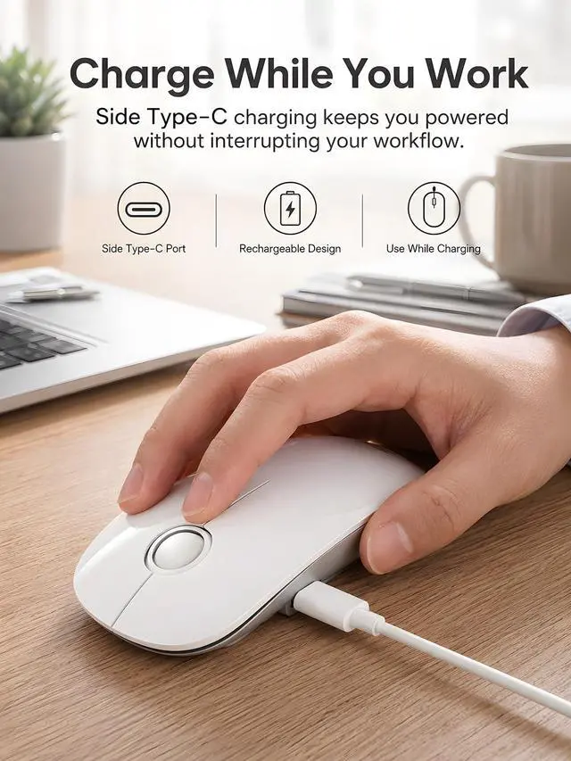 Alt view image 3 of 7 - R306 Pro Wireless Mouse, Dual Bluetooth & 2.4G, Type-C Rechargeable, Silent Click, Slim Symmetrical Design, Portable for Laptop/iPad/MacBook/Desktop/Windows/macOS White