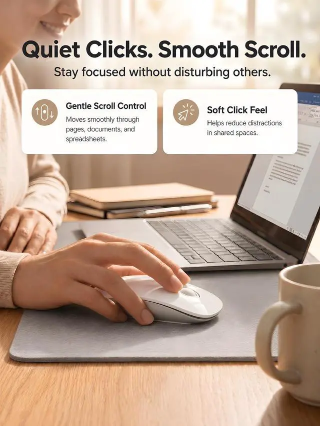 Alt view image 4 of 7 - R306 Pro Wireless Mouse, Dual Bluetooth & 2.4G, Type-C Rechargeable, Silent Click, Slim Symmetrical Design, Portable for Laptop/iPad/MacBook/Desktop/Windows/macOS White