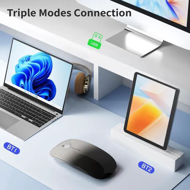 Alt view image 3 of 7 - M18 Bluetooth Mouse, USB C Rechargeable Wireless Mouse, Triple Mode (Dual Bluetooth+USB) Silent Mice Portable with USB Receiver and Type C Adapter for Laptop/MacBook/iPad - Grey and Black