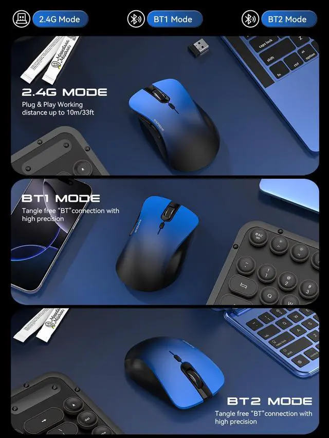 Alt view image 4 of 7 - Bluetooth Wireless Mouse - Dual Bluetooth & 2.4 GHz USB Receiver, Comfortable Grip, Quiet Clicks, Low Power - Multi-Device Compatibility for Laptop, MacBook, Computer, ipad(Gradient Blue)