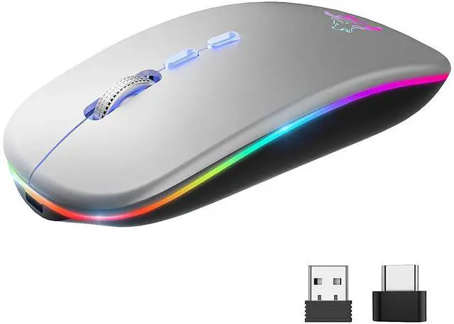 Main image of LED Wireless Mouse, Slim Rechargeable Silent Bluetooth Mouse, Portable USB Optical 2.4G Wireless Bluetooth Two Mode Computer Mice with USB Receiver and Type C Adapter(Silver)