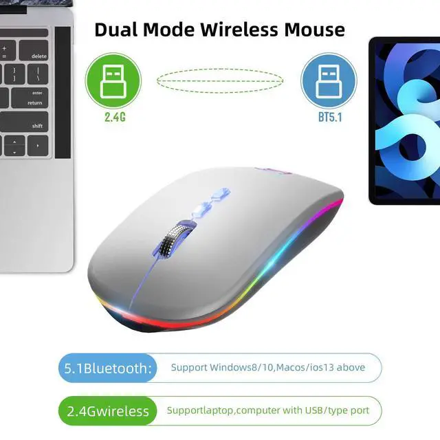 Alt view image 4 of 7 - LED Wireless Mouse, Slim Rechargeable Silent Bluetooth Mouse, Portable USB Optical 2.4G Wireless Bluetooth Two Mode Computer Mice with USB Receiver and Type C Adapter(Silver)