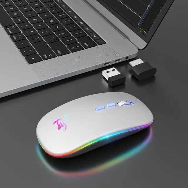 Alt view image 5 of 7 - LED Wireless Mouse, Slim Rechargeable Silent Bluetooth Mouse, Portable USB Optical 2.4G Wireless Bluetooth Two Mode Computer Mice with USB Receiver and Type C Adapter(Silver)