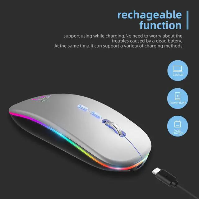 Alt view image 6 of 7 - LED Wireless Mouse, Slim Rechargeable Silent Bluetooth Mouse, Portable USB Optical 2.4G Wireless Bluetooth Two Mode Computer Mice with USB Receiver and Type C Adapter(Silver)