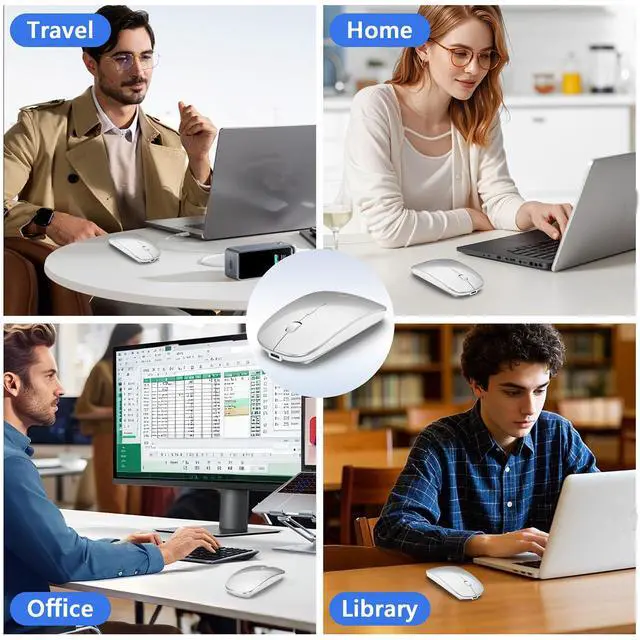 Alt view image 6 of 7 - Bluetooth Wireless Laptop Mouse for MacBook Air iPad Mac, 2.4G Rechargeable Computer Mouse with Jiggler Mode, Silent Optical 2 Mode Bluetooth 5.2/3.0 & 2.4G USB-A/Type C Portable Mice, Silver