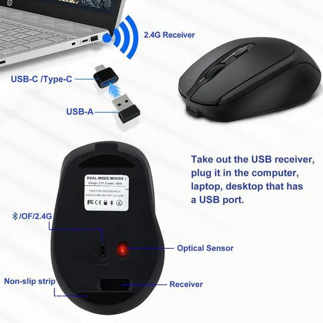Alt view image 7 of 7 - Bluetooth Mouse,Rechargeable Wireless for Laptop/iPad/MacBook Pro/Air, Silent Mouse Portable Slim for Surface Pro/PC/Lenovo/Samsung Tablet (Black)