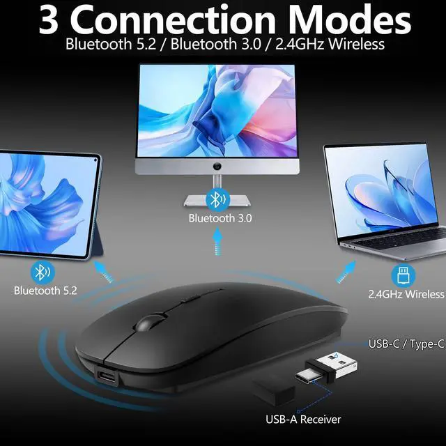 Alt view image 2 of 7 - Wireless Mouse for MacBook & iPad, Bluetooth 5.2/3.0 & 2.4G USB-C/USB-A, Rechargeable Silent Slim Mouse with Multi-Device Switching & Activity Mode to Prevent Screen Lock - Black