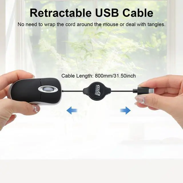 Alt view image 3 of 6 - Mini Wired USB C Mouse, 3-Button Retractable Corded Mouse Optical Computer Mice for Laptop PC MacBook iPad Smartphones, Black