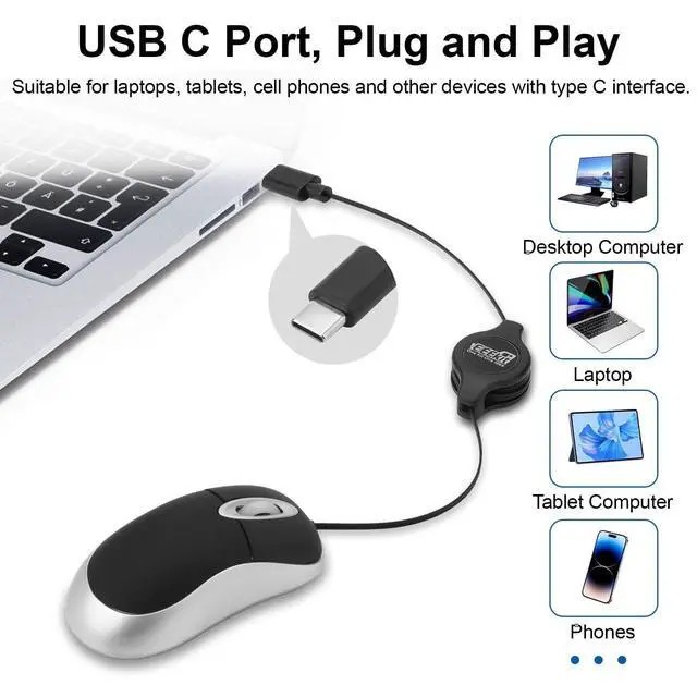 Alt view image 4 of 6 - Mini Wired USB C Mouse, 3-Button Retractable Corded Mouse Optical Computer Mice for Laptop PC MacBook iPad Smartphones, Black