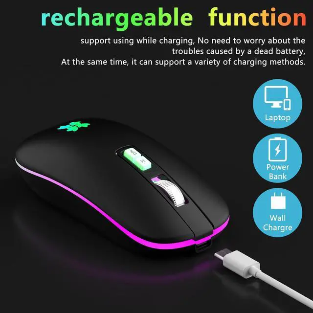 Alt view image 2 of 7 - Wireless Rechargeable, Backlit LED Portable Silent Computer Mouse for Laptop, PC, MacBook, Chromebook, Notebook, 2.4G USB Cordless Mouse with USB-C Conversion Interface for iPad, Tablet