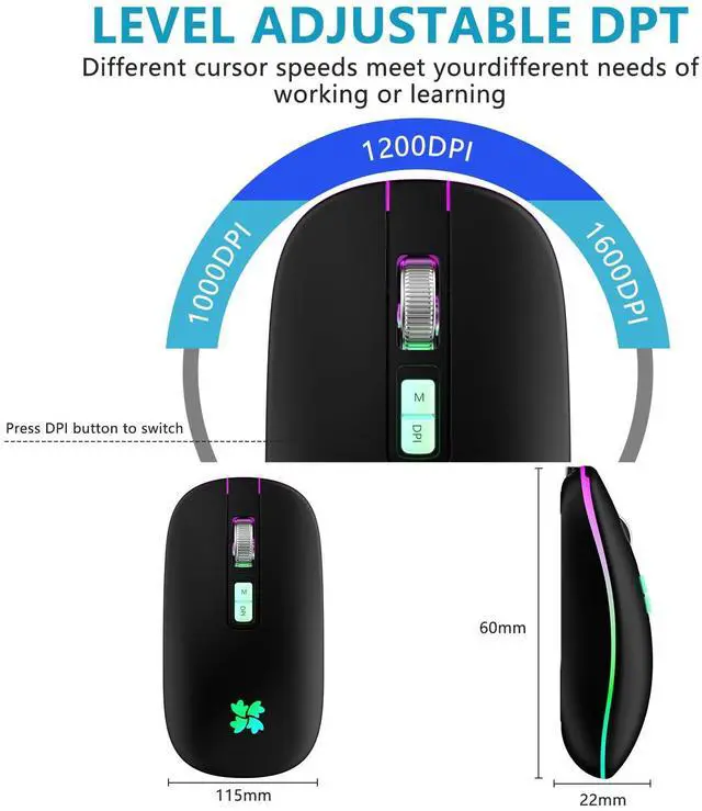 Alt view image 5 of 7 - Wireless Rechargeable, Backlit LED Portable Silent Computer Mouse for Laptop, PC, MacBook, Chromebook, Notebook, 2.4G USB Cordless Mouse with USB-C Conversion Interface for iPad, Tablet