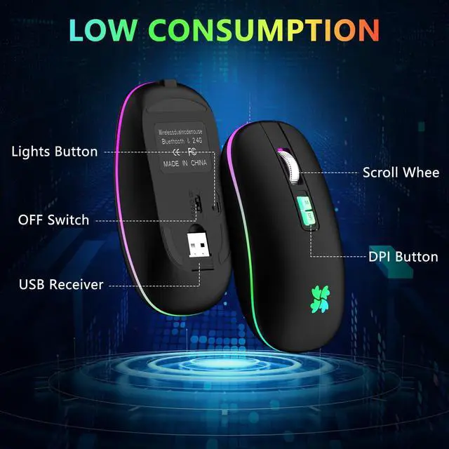 Alt view image 7 of 7 - Wireless Rechargeable, Backlit LED Portable Silent Computer Mouse for Laptop, PC, MacBook, Chromebook, Notebook, 2.4G USB Cordless Mouse with USB-C Conversion Interface for iPad, Tablet