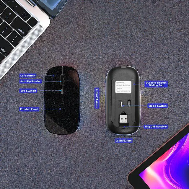 Alt view image 3 of 7 - Wireless Bluetooth Mouse, Rechargeable, Dual Mode Bluetooth 5.2 & 2.4G USB, LED Lights, Slim, Silent, Portable Computer Mouse for Laptop, PC, MacBook, iPad, Tablet (Bright Black)