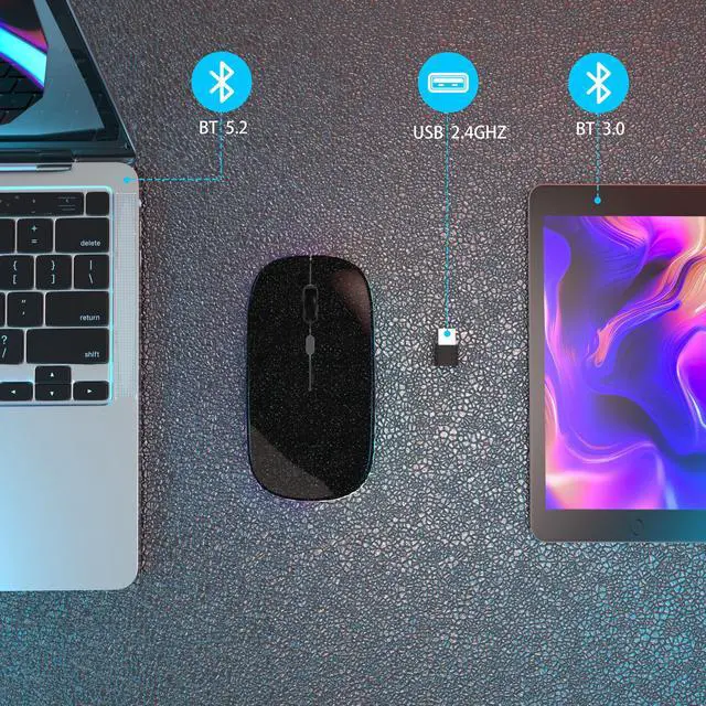 Alt view image 5 of 7 - Wireless Bluetooth Mouse, Rechargeable, Dual Mode Bluetooth 5.2 & 2.4G USB, LED Lights, Slim, Silent, Portable Computer Mouse for Laptop, PC, MacBook, iPad, Tablet (Bright Black)