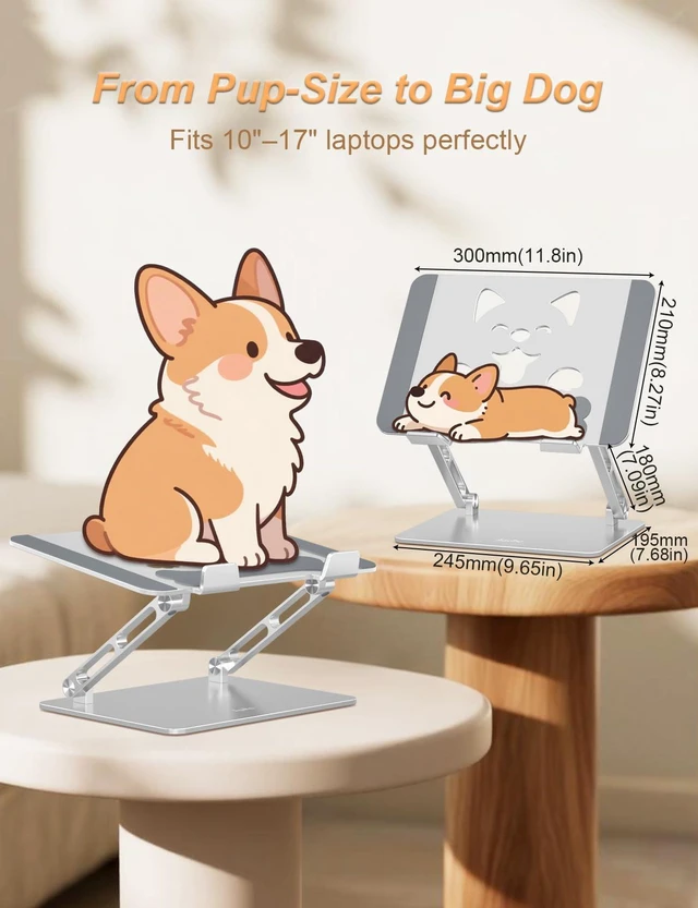 Alt view image 4 of 7 - Aluminum Laptop Stand for Desk Fit for All 10"-17.3" Laptops, Silver Height-adjustable Notebook Holder, Ergonomic Computer Riser with Unique Puppy Cooling Vent, for Mac, Dell, Lenovo, HP