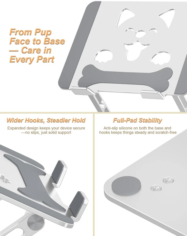 Alt view image 6 of 7 - Aluminum Laptop Stand for Desk Fit for All 10"-17.3" Laptops, Silver Height-adjustable Notebook Holder, Ergonomic Computer Riser with Unique Puppy Cooling Vent, for Mac, Dell, Lenovo, HP