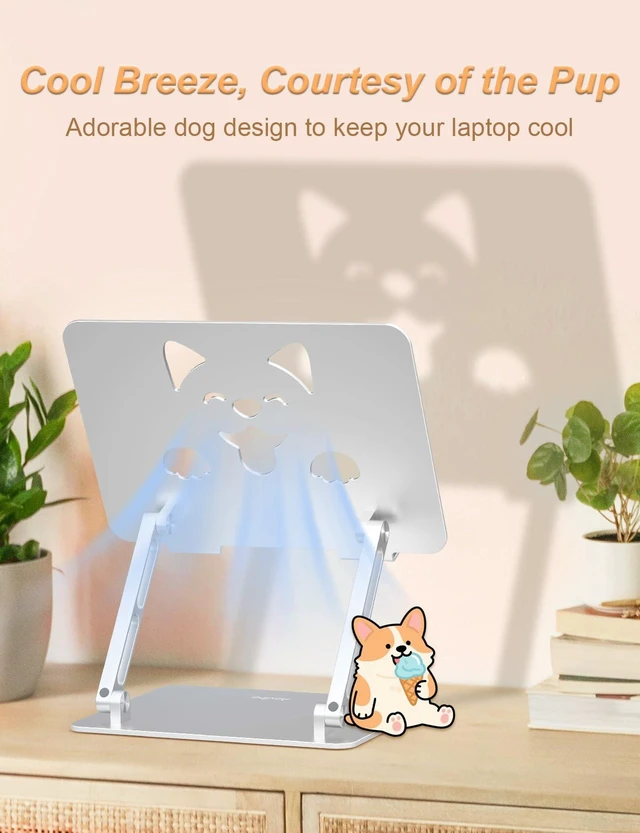 Alt view image 3 of 7 - Aluminum Laptop Stand for Desk Fit for All 10"-17.3" Laptops, Silver Height-adjustable Notebook Holder, Ergonomic Computer Riser with Unique Puppy Cooling Vent, for Mac, Dell, Lenovo, HP