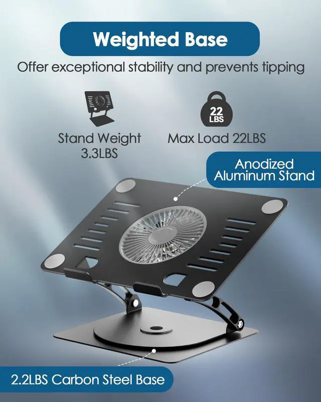 Alt view image 3 of 6 - Gaming Laptop Cooling Pad with 360° Rotation Base, Ergonimic Aluminum Laptop Cooling Stand with 3 Speed Fan, Adjustable Height Laptop Cooling Pad for 10-17.3'' Notebook