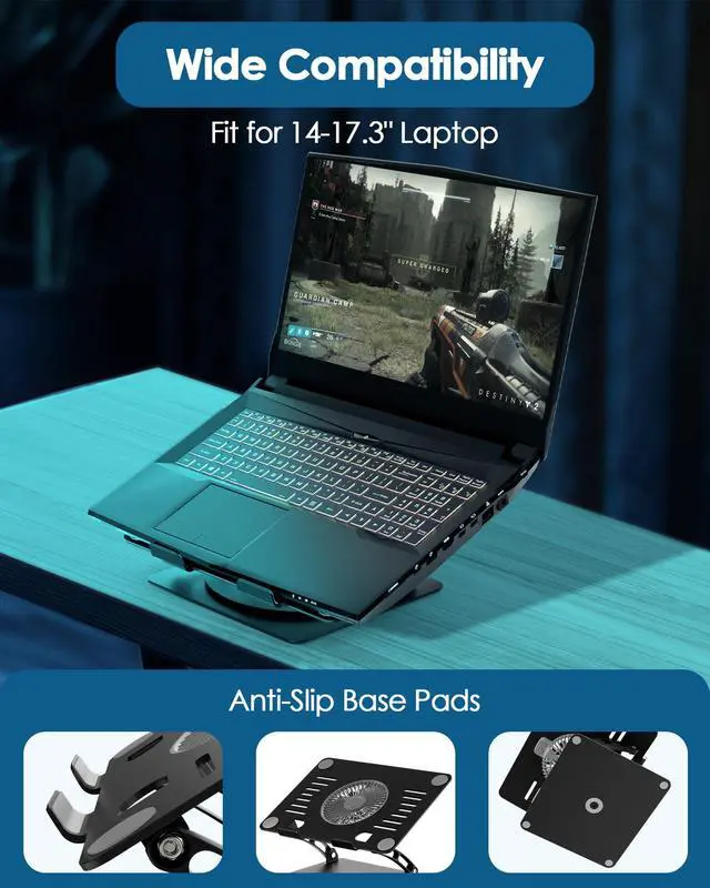Alt view image 4 of 6 - Gaming Laptop Cooling Pad with 360° Rotation Base, Ergonimic Aluminum Laptop Cooling Stand with 3 Speed Fan, Adjustable Height Laptop Cooling Pad for 10-17.3'' Notebook