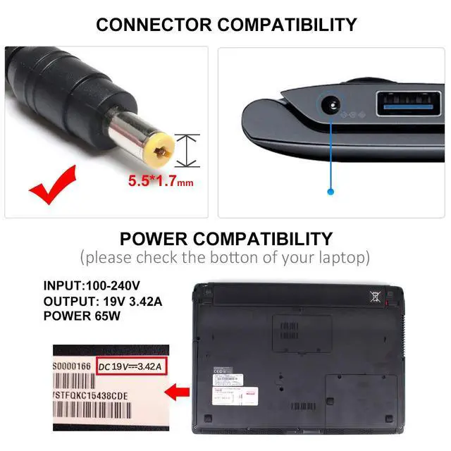 Alt view image 2 of 7 - N19C3 N16Q2 N19C1 E15 E5 E1 ES1 65W 19V 3.42A 5.5 * 1.7mm Laptop Charger Compatible with Acer Aspire A515-43-R19L A315-21 A515-51 E5-575 F15 F5 A315-41 A315-53 A317-51 N17Q4 N15W5 PA-1650-86
