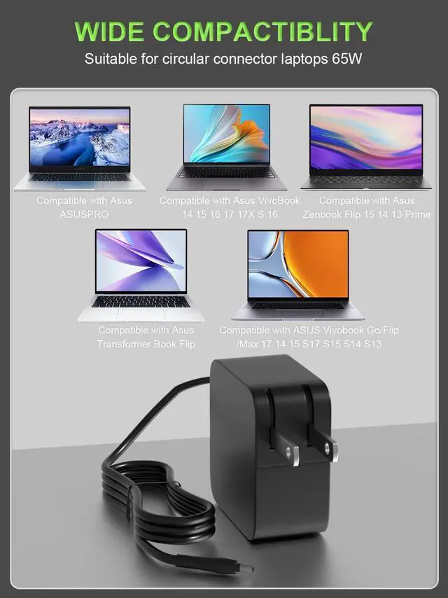 Alt view image 5 of 7 - 65W Laptop Charger Compatible with ASUS Vivobook Go Flip 14 15 16 17, Zenbook 13 14 15, ExpertBook, Chromebook C202 C300, 19V 3.42A AC Adapter Replacement, 5.5*2.5mm Round Tip Power
