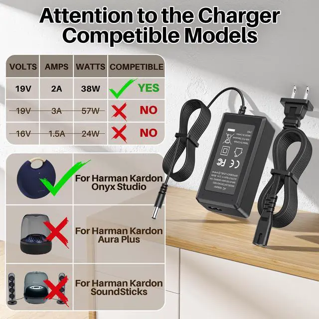 Alt view image 3 of 6 - Charger for Harman Kardon Speaker Onyx Studio 8 7 6 5 4 3 2 1 Wireless Speaker Onyx Aura Studio 19V DC Power Supply